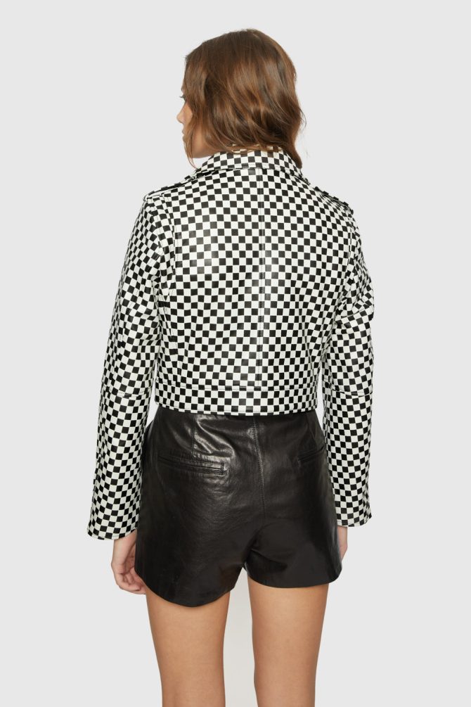 Checker Cropped Leather Jacket - Image 3